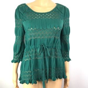 Free People Emerald Green Open Knit Top Tie Waist